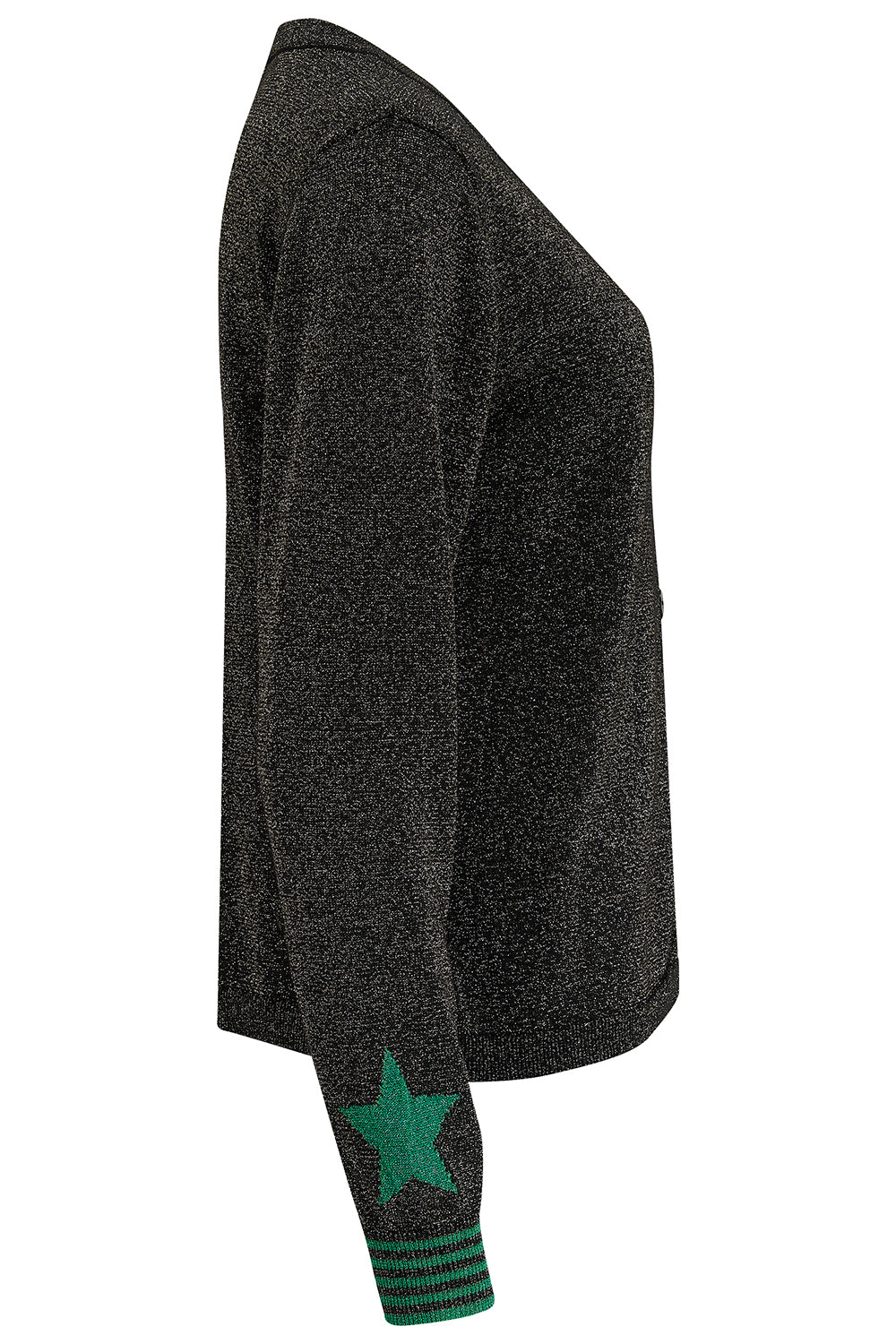 A black long-sleeve cardigan with green stripes and stars on the sleeves.