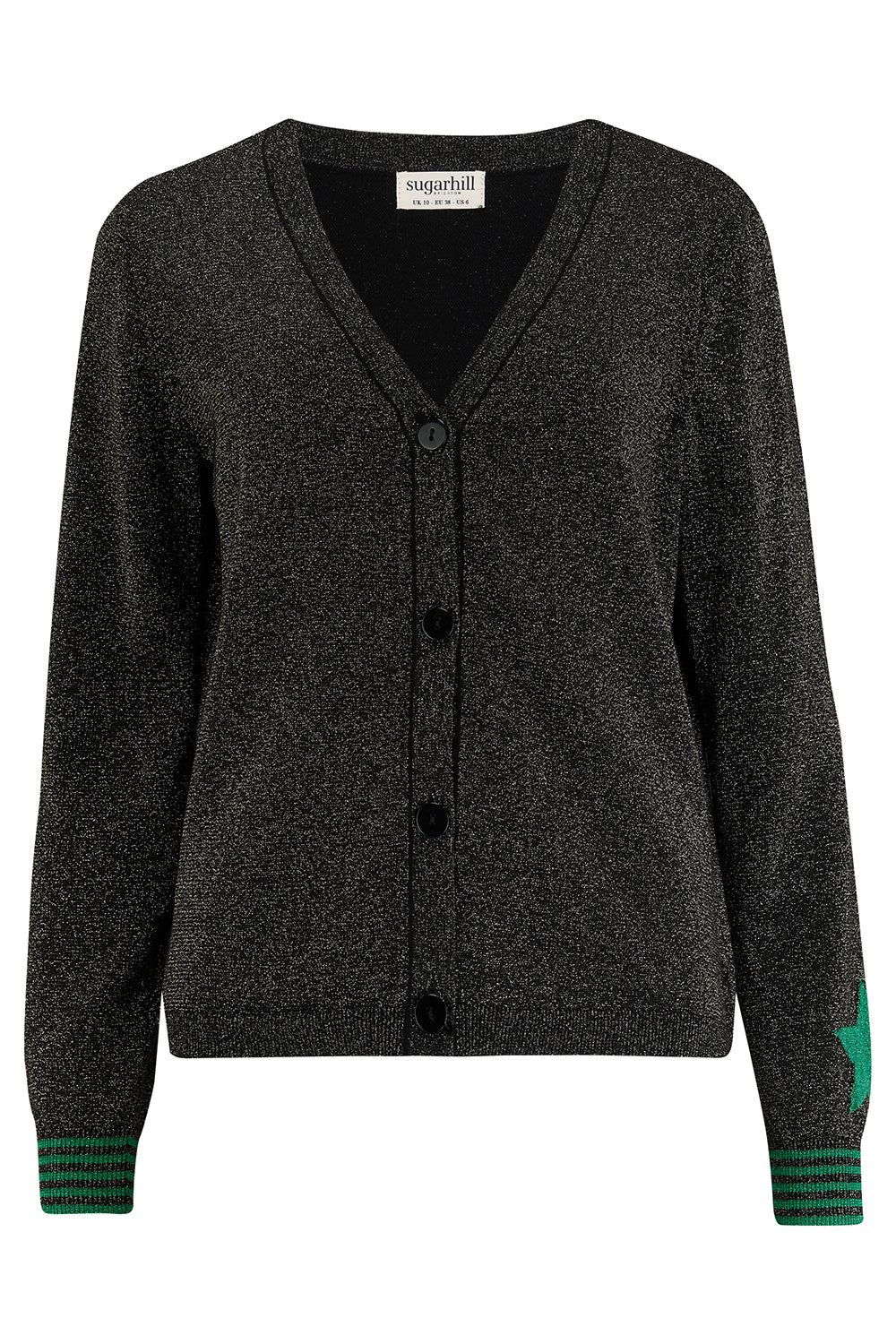 A black long-sleeve cardigan with green stripes and stars on the sleeves.