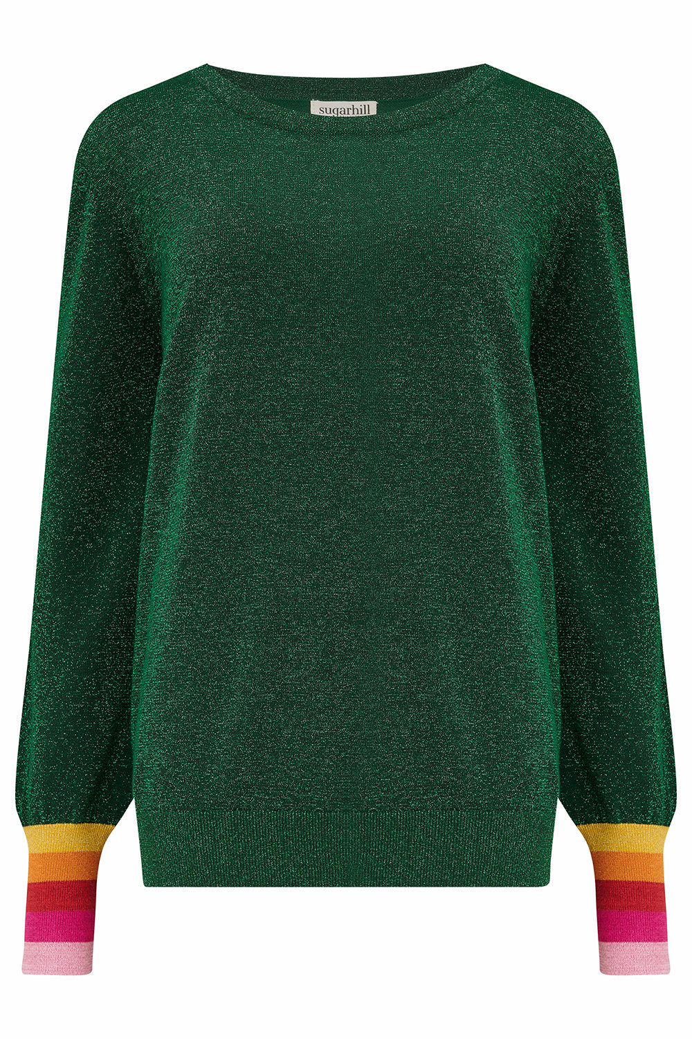 A green crew neck jumper with colorful striped cuffs, paired with blue jeans.