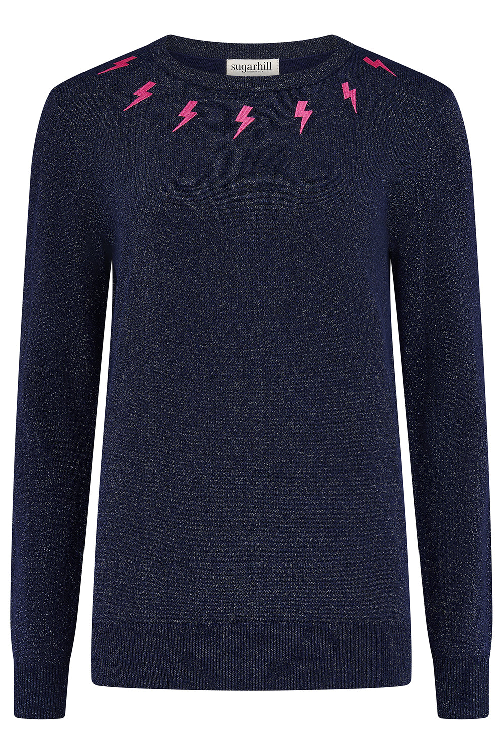 Navy sweater with pink lightning bolt patterns on shoulders against a white background