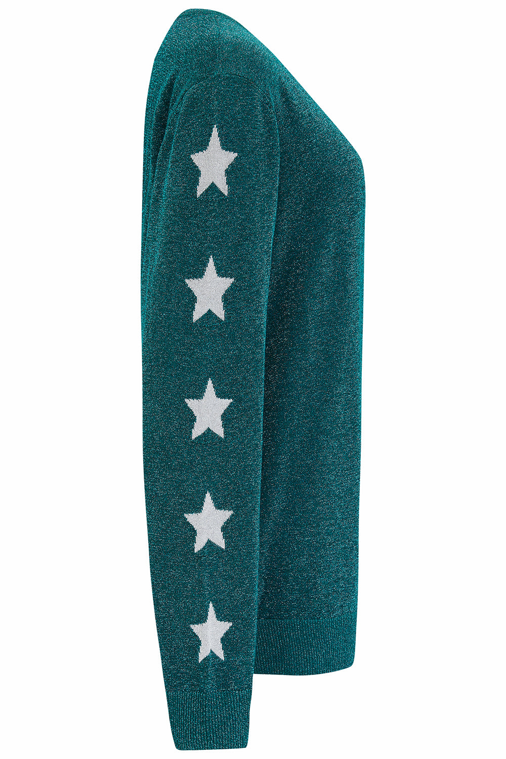 A teal sparkle jumper with stars on 