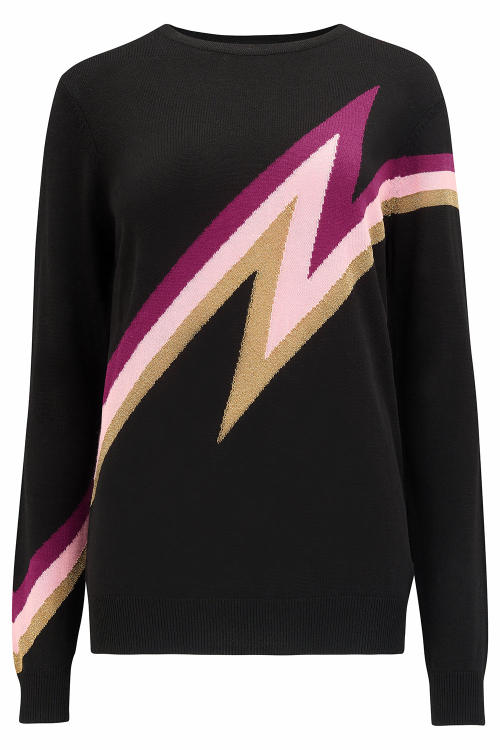 A black sweater with colorful stripes 
