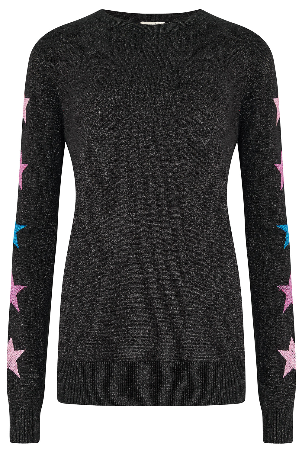 A dark charcoal gray knit sweater with pink and blue star motifs printed down the sleeves, shown against a plain white background.