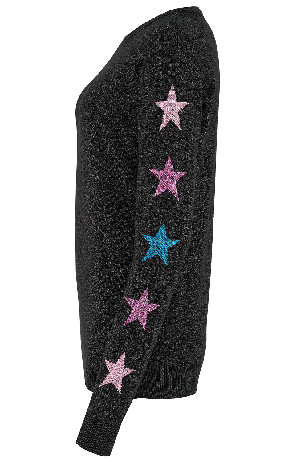 A black knit sweater with five glittery star embellishments down one sleeve in pink, purple, and blue, shown against a plain white background.