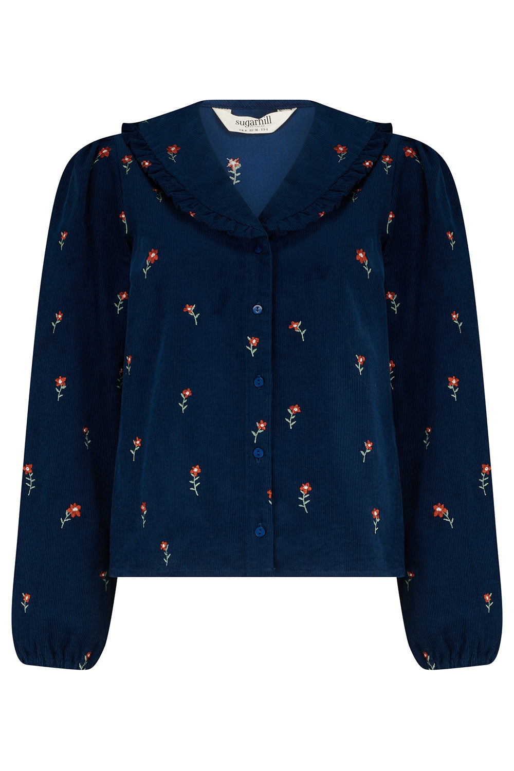 Navy blue jacket with floral patterns on a white background