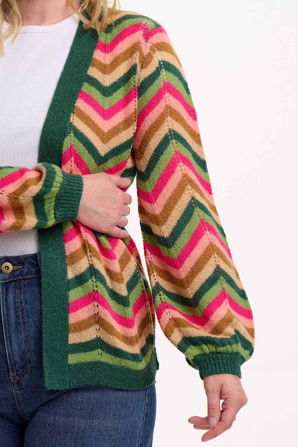 Sugarhill Brighton multicolored chevron-patterned cardigan worn by a person on a white background
