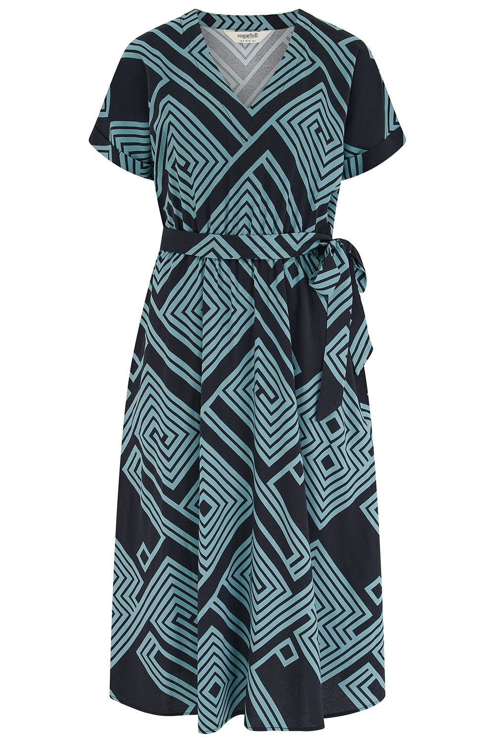 Black and teal patterned dress on a white background