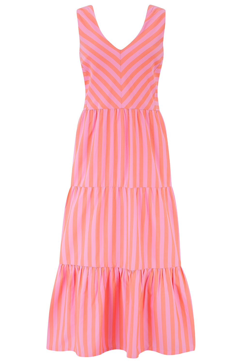 Pink and white striped dress on a white background