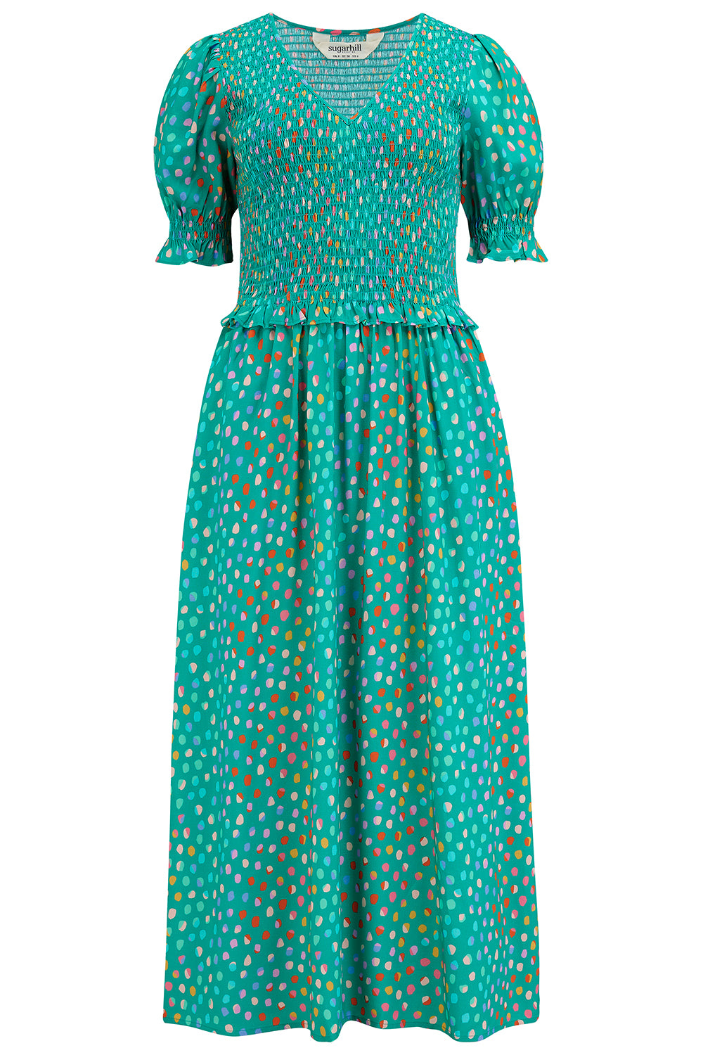 A  green midi dress with a shirred bodice, short shirred sleeves, and a waist frill, printed with a pattern of rainbow spots.