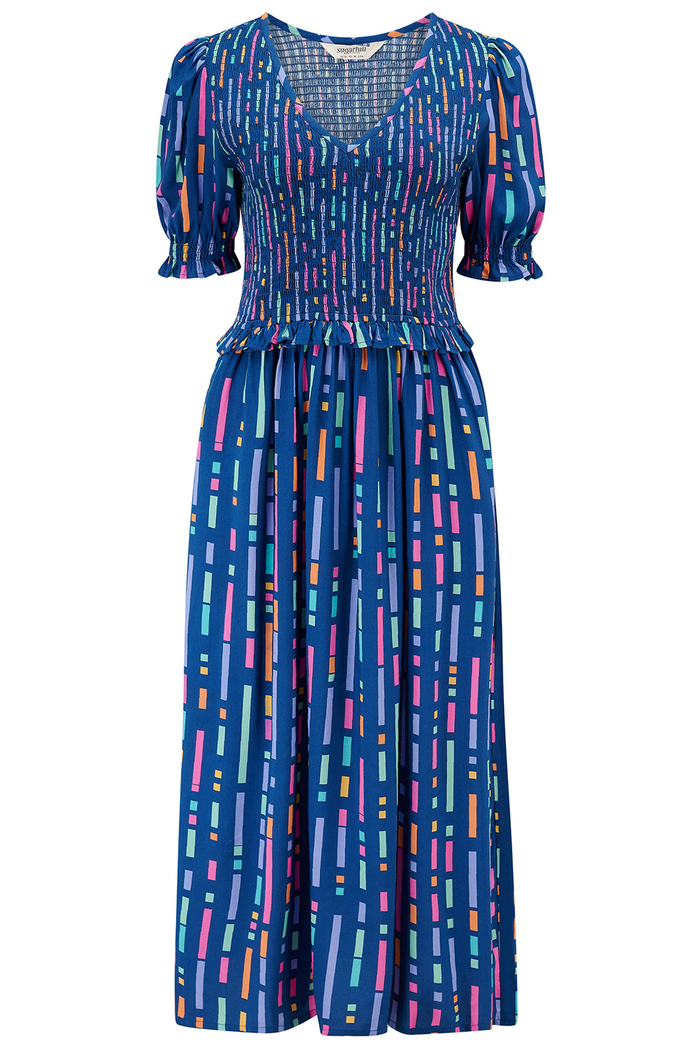 A  midi length dress with a shirred bodice, short shirred sleeves, and a V-neck. The dress has a geometric pattern with horizontal lines in blue, purple, pink, and orange.