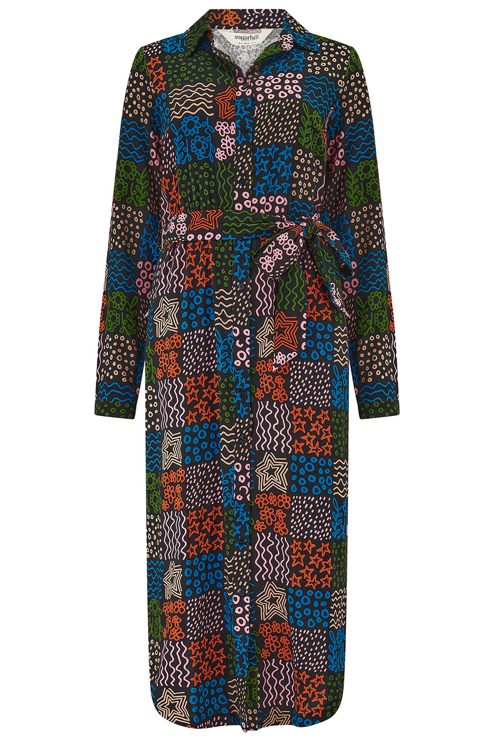 Long-sleeve dress with a colorful patchwork pattern on a white background