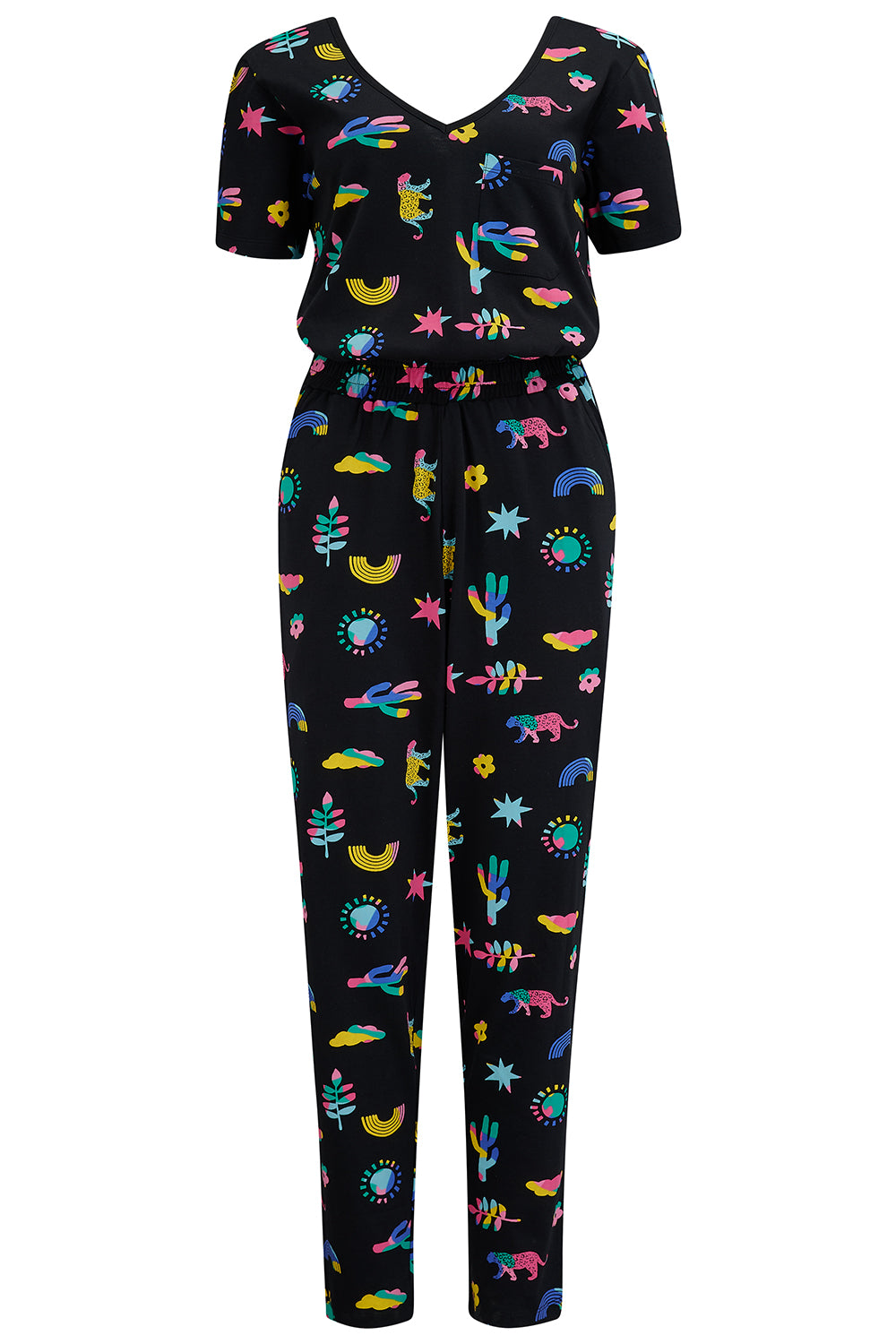 A black jersey jumpsuit with a colorful geometric pattern, featuring a scoop neckline, short sleeves, and a shirred elasticated waistband.