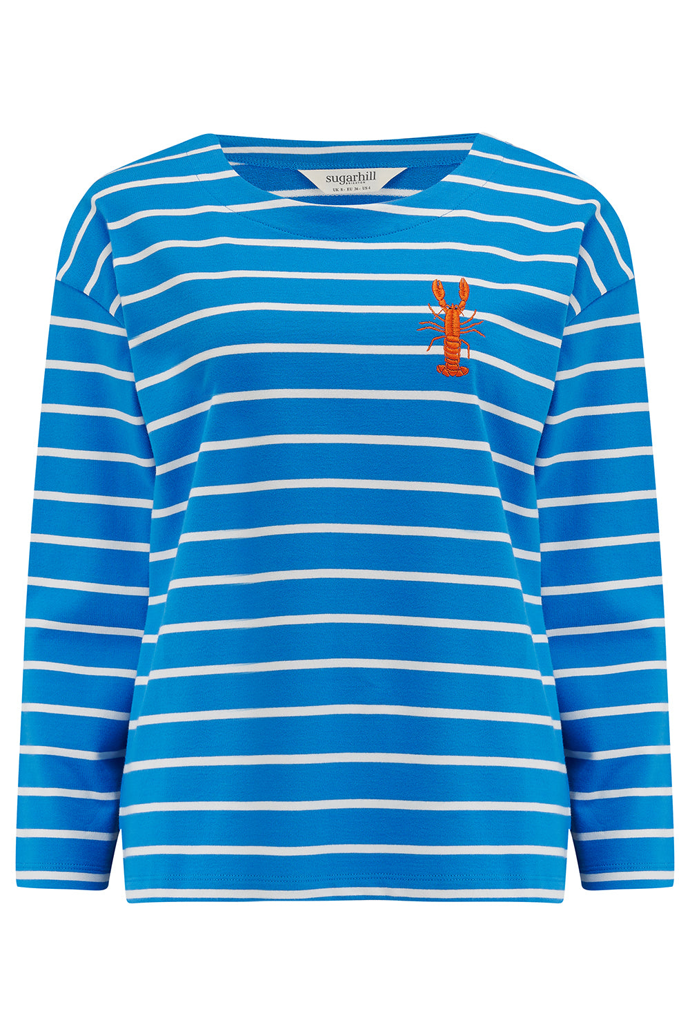 A French blue and lobster stripe Billie Breton top with embroidered lobster on the chest