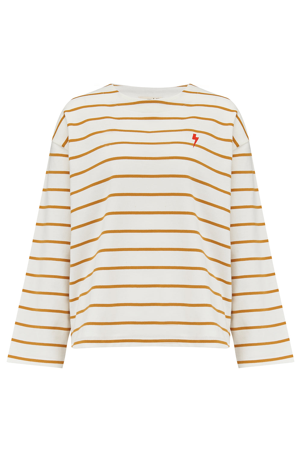 An off-white and tan striped Billie Breton top with a pink embroidered lightning flash on the chest