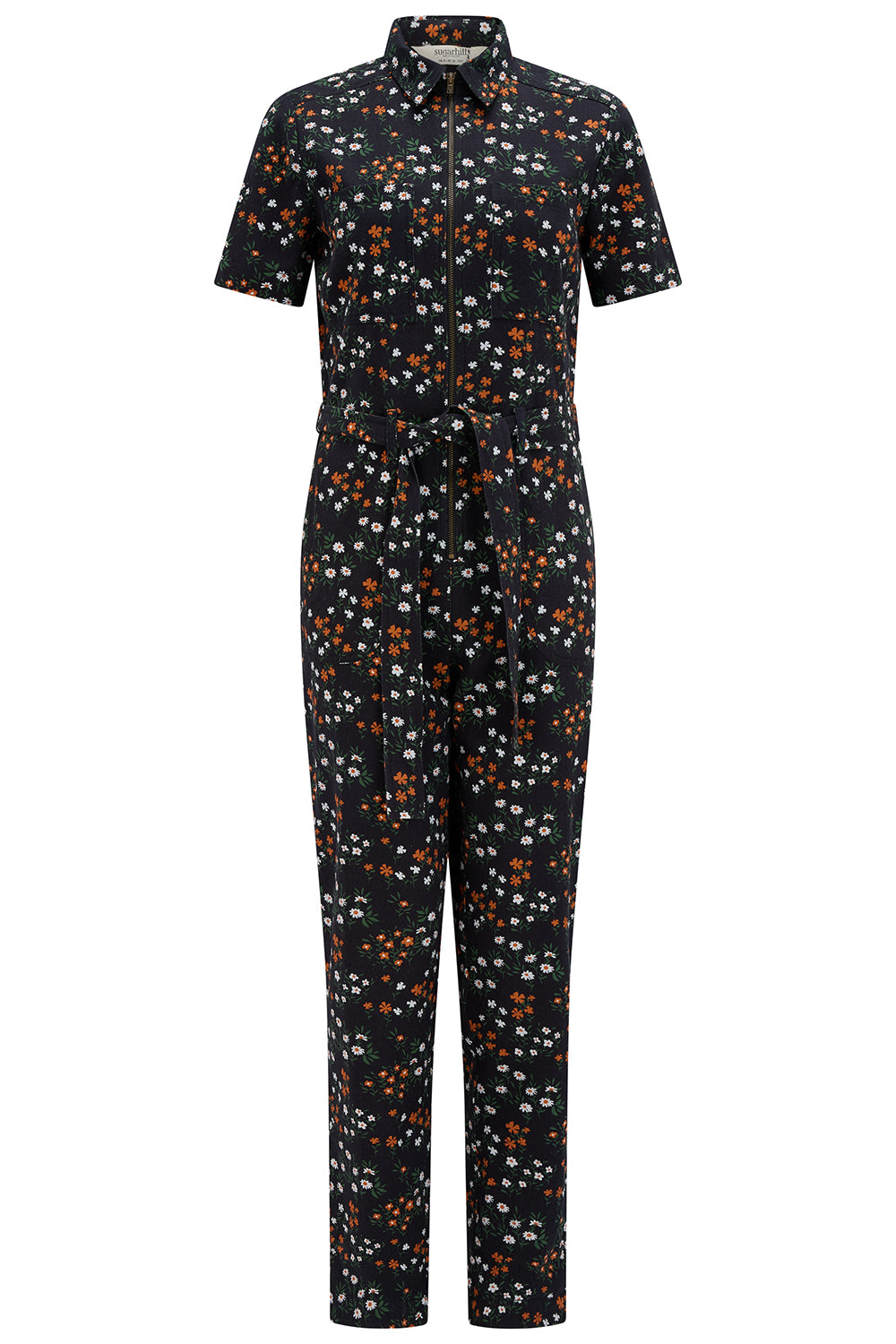 Floral patterned jumpsuit on a white background