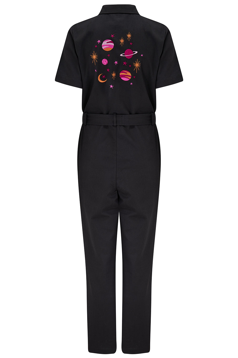Black jumpsuit with space-themed design on the back against a white background