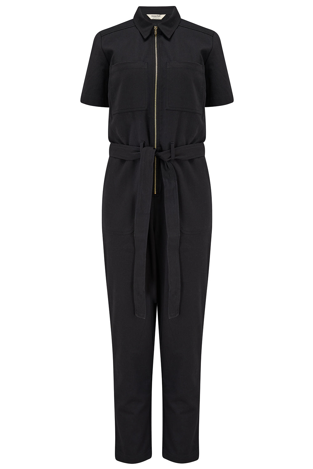 Black jumpsuit with a belt on a white background