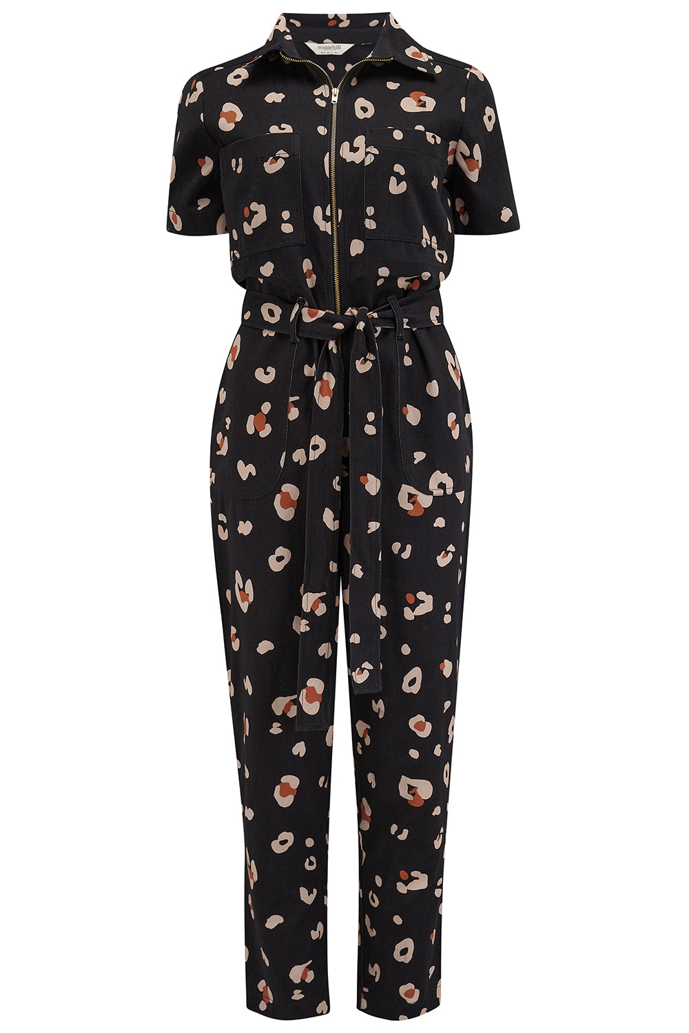 A a black and tan leopard print boilersuit with a tailored shape, half sleeve shirt upper, and straight legs.