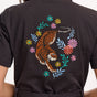A black boilersuit with half-sleeve shirt top and straight legs, featuring a floral and tiger embroidery on the back.
