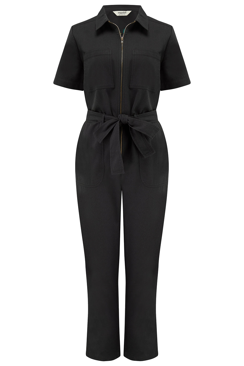 A black boilersuit with half-sleeve shirt top and straight legs, featuring a floral and tiger embroidery on the back.