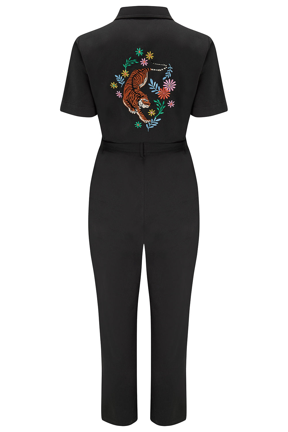 A black boilersuit with half-sleeve shirt top and straight legs, featuring a floral and tiger embroidery on the back.