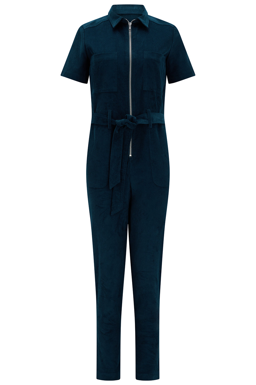 A dark teal corduroy short-sleeve jumpsuit with a front zipper, collar, and matching waist tie, shown on a plain white background.