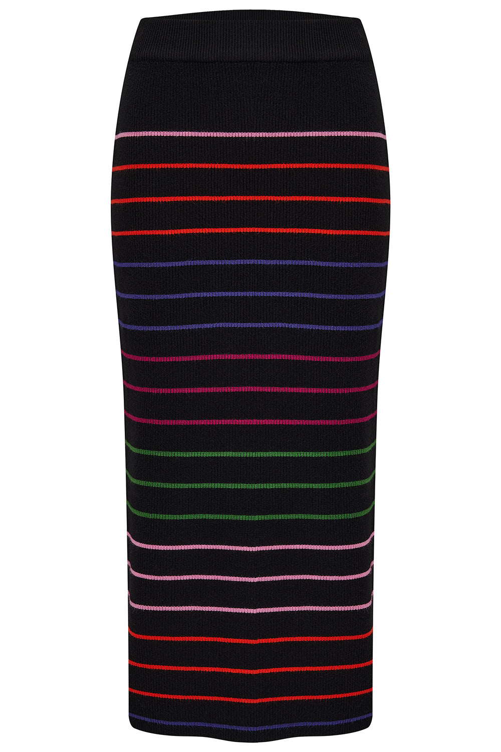 A model wearing a midi-length black knit skirt with thin rainbow stripes and an elastic waistband, paired with a long-sleeve top.