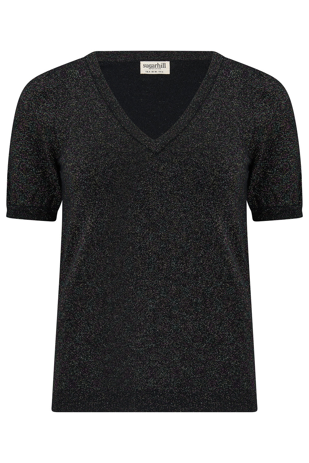 Black short-sleeve shirt with a brand label on a white background