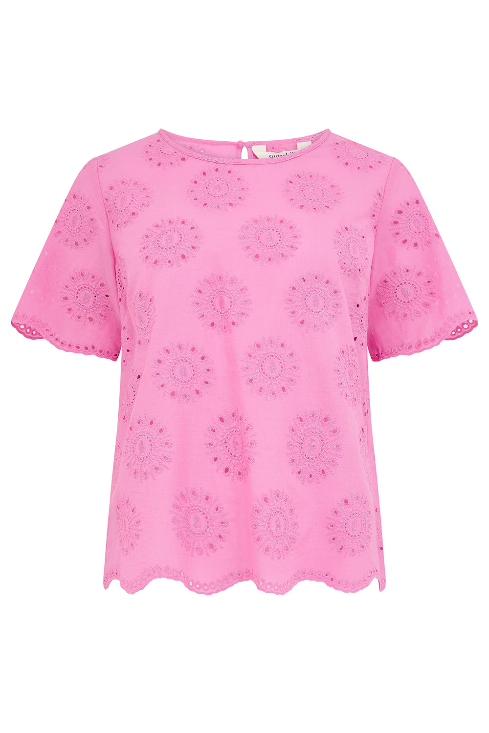 Pink blouse with floral cut-out pattern on a white background