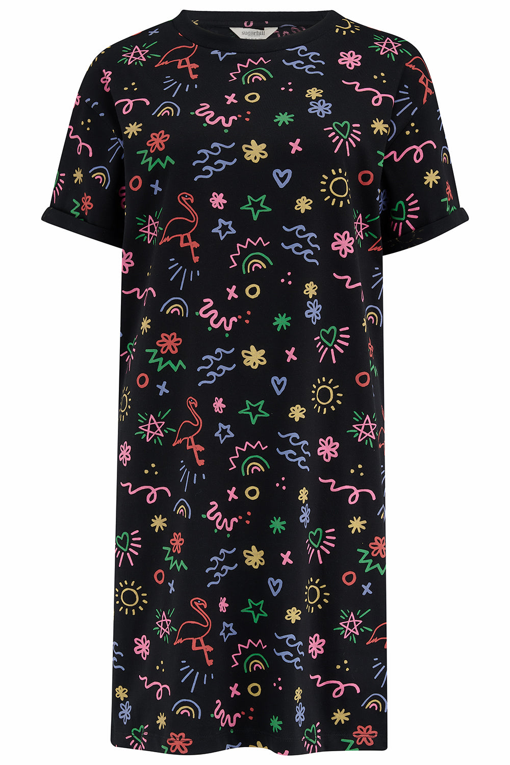 A black dress with colorful floral patterns on a white background