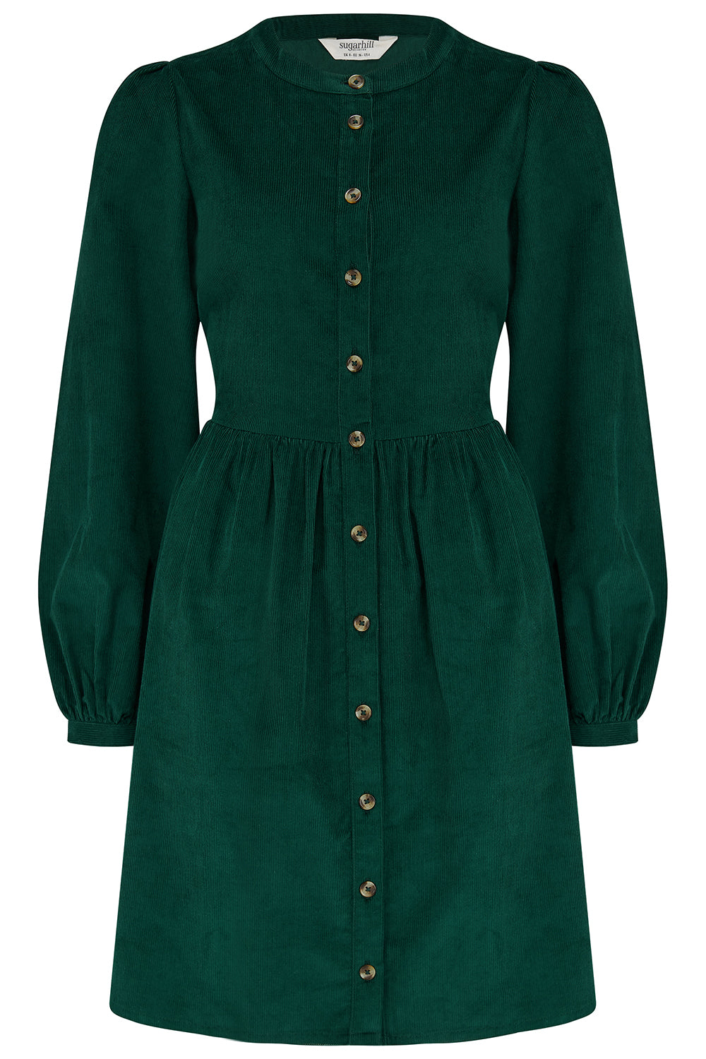 Green dress with long sleeves and buttons on a white background