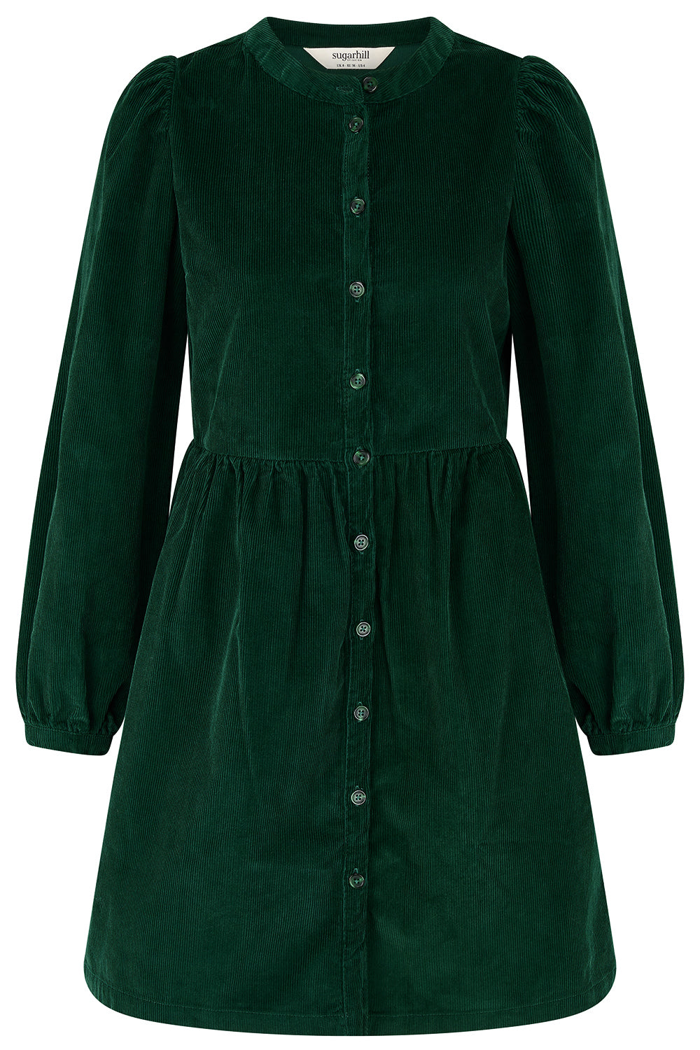A dark green velvet long-sleeve button-up dress with a gathered waist and puff sleeves, shown against a plain white background.