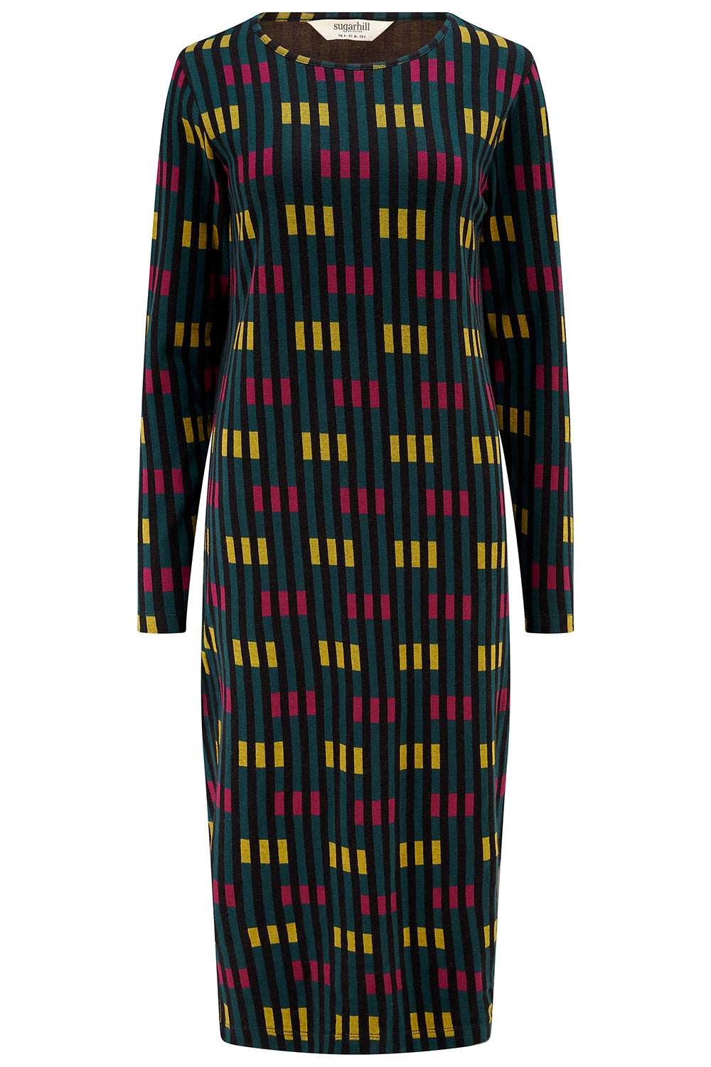Long-sleeve dress with geometric pattern on a white background