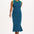 A model wearing a sleeveless, round neckline jersey dress with blue and green stripes.