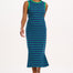 A model wearing a sleeveless, round neckline jersey dress with blue and green stripes.