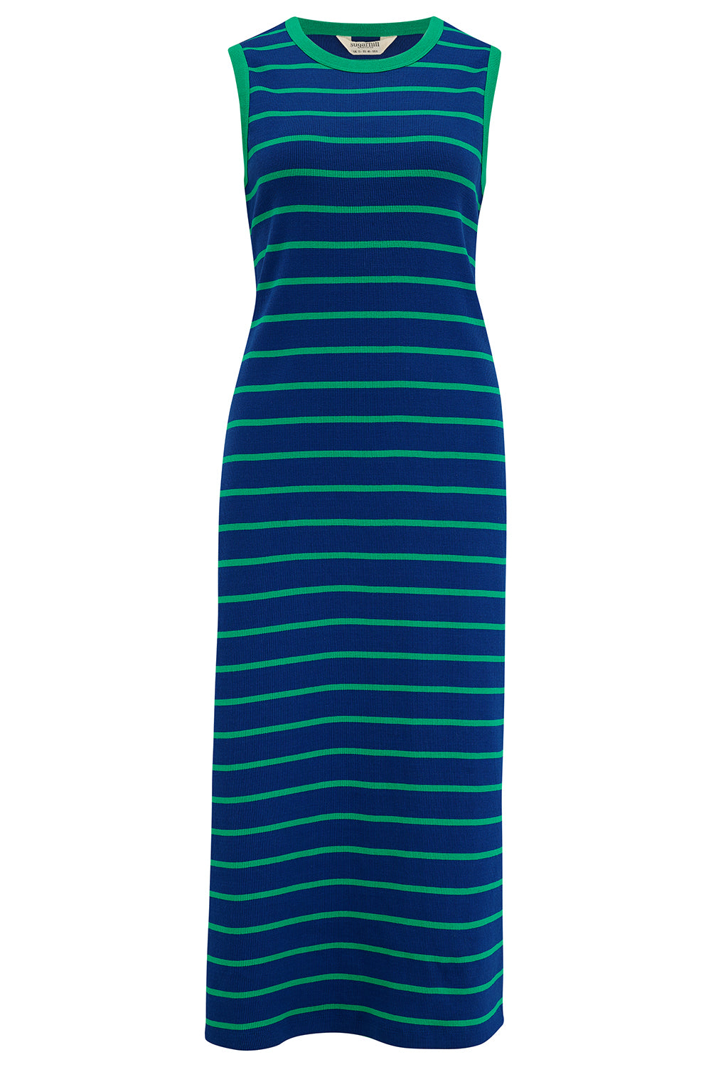 A midi jersey dress with blue and green horizontal stripes, featuring a round neckline and short sleeves.