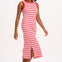 A model wearing a sleeveless, striped midi jersey dress in pink and red.