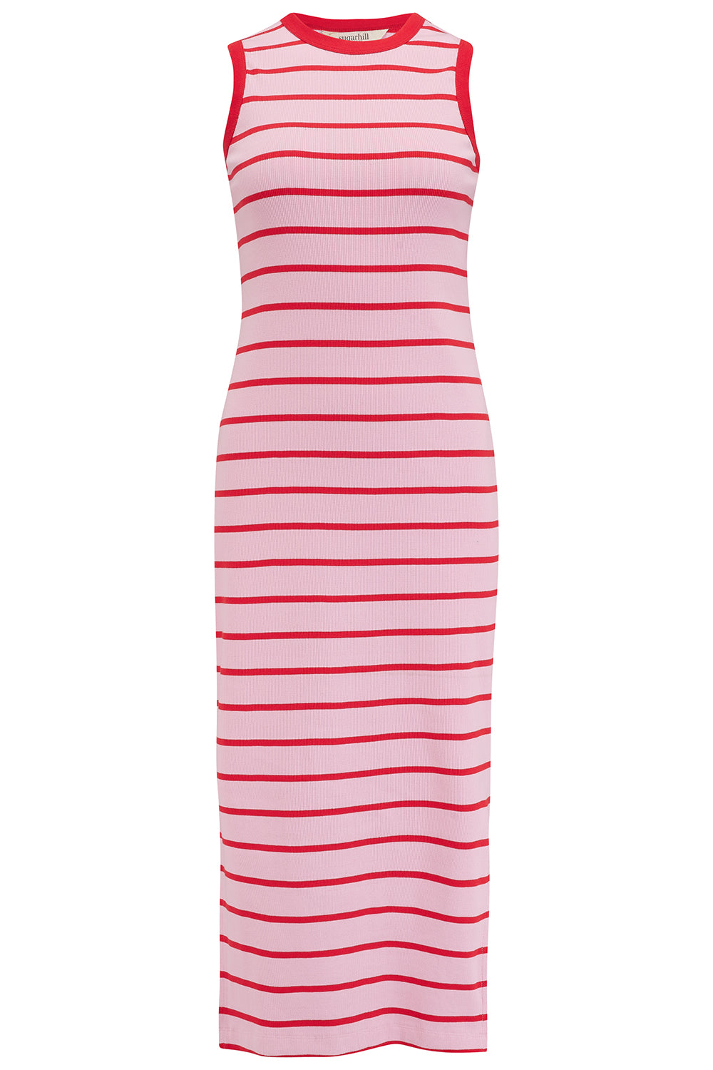 A midi length jersey dress with pink and red stripes, featuring a sleeveless design and a high-neck top.