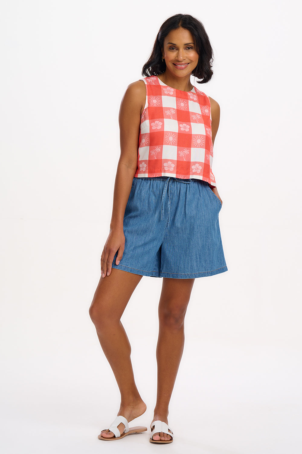 Bruna Top - Off-White/Coral, Tropical Gingham