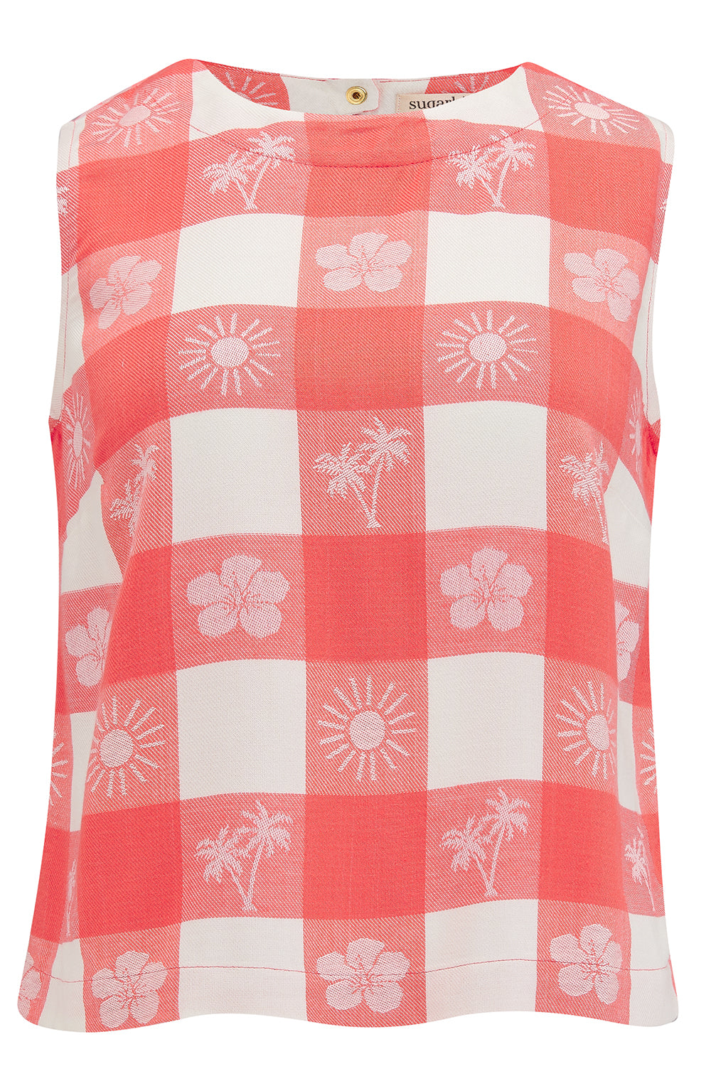 A sleeveless off-white and coral colored top with a geometric pattern of floral designs.