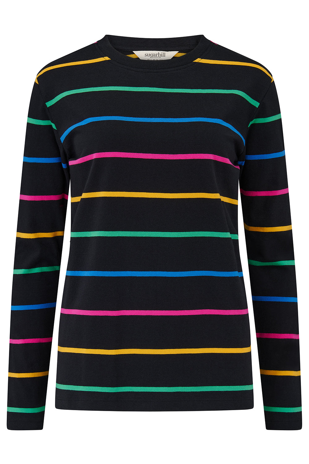Sugarhill Brighton black long-sleeve shirt with colorful stripes on a white background