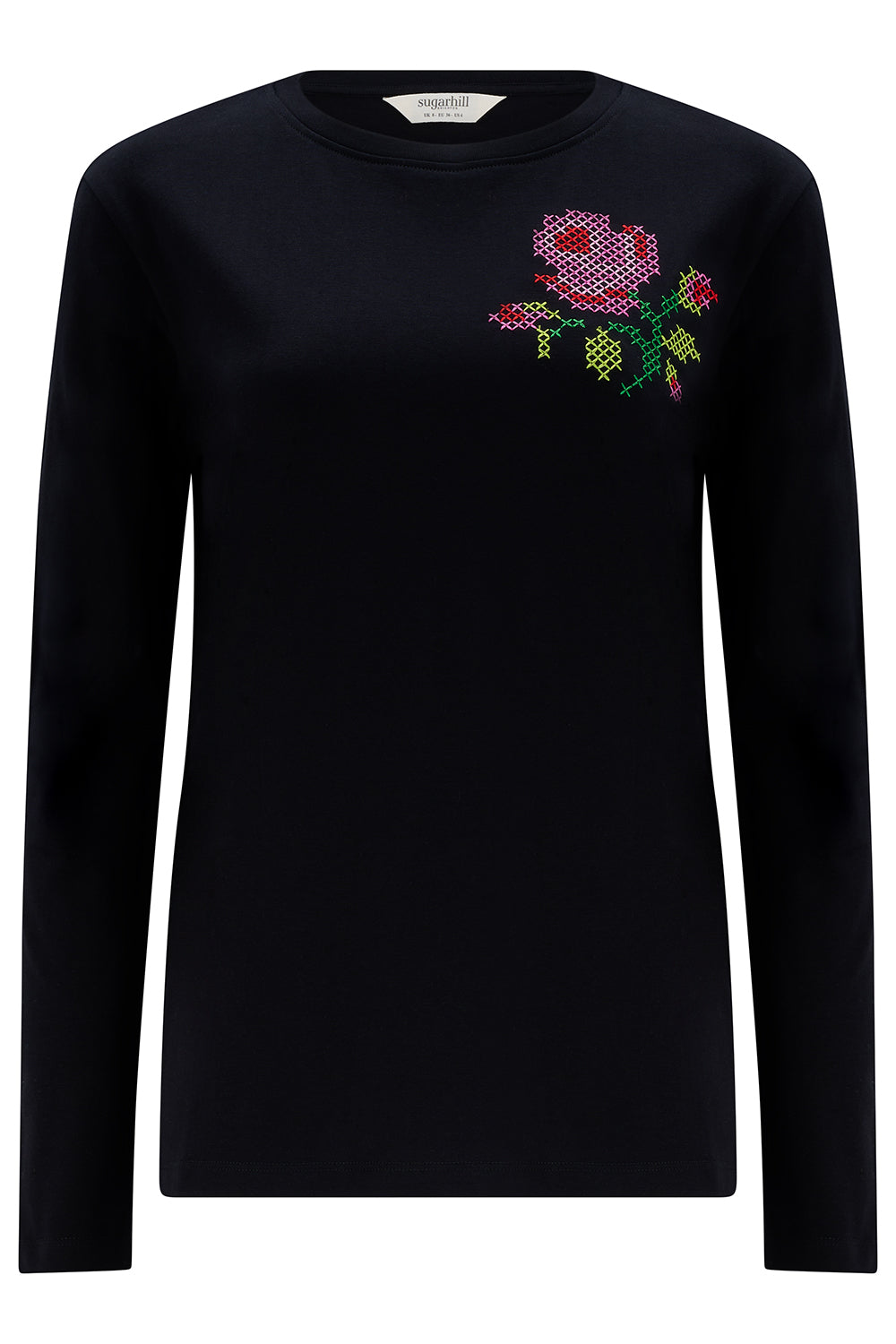 Black long-sleeve shirt with a floral pattern on a white background