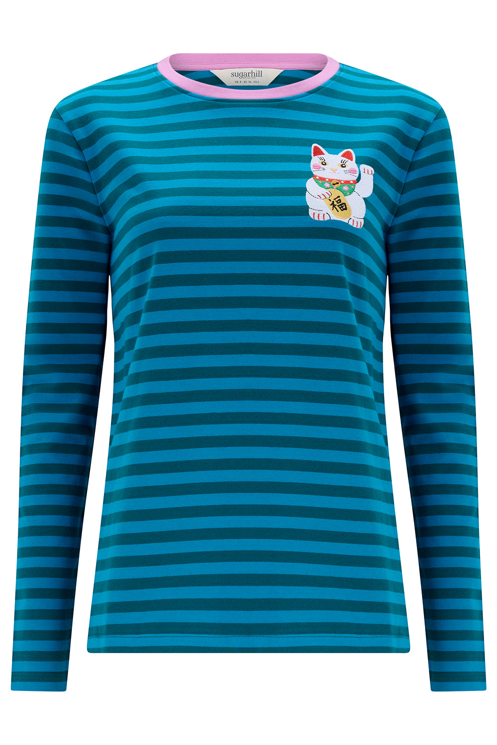 Blue striped long-sleeve shirt with a cat emblem on a white background
