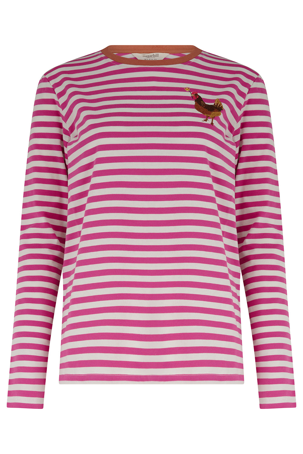 A pink and white horizontally striped long-sleeve top with a small embroidered rooster on the left chest, shown against a plain white background.