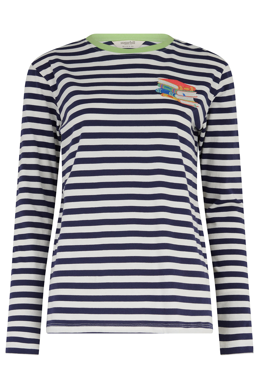 Navy and white striped long-sleeve shirt with colorful pocket on a white background
