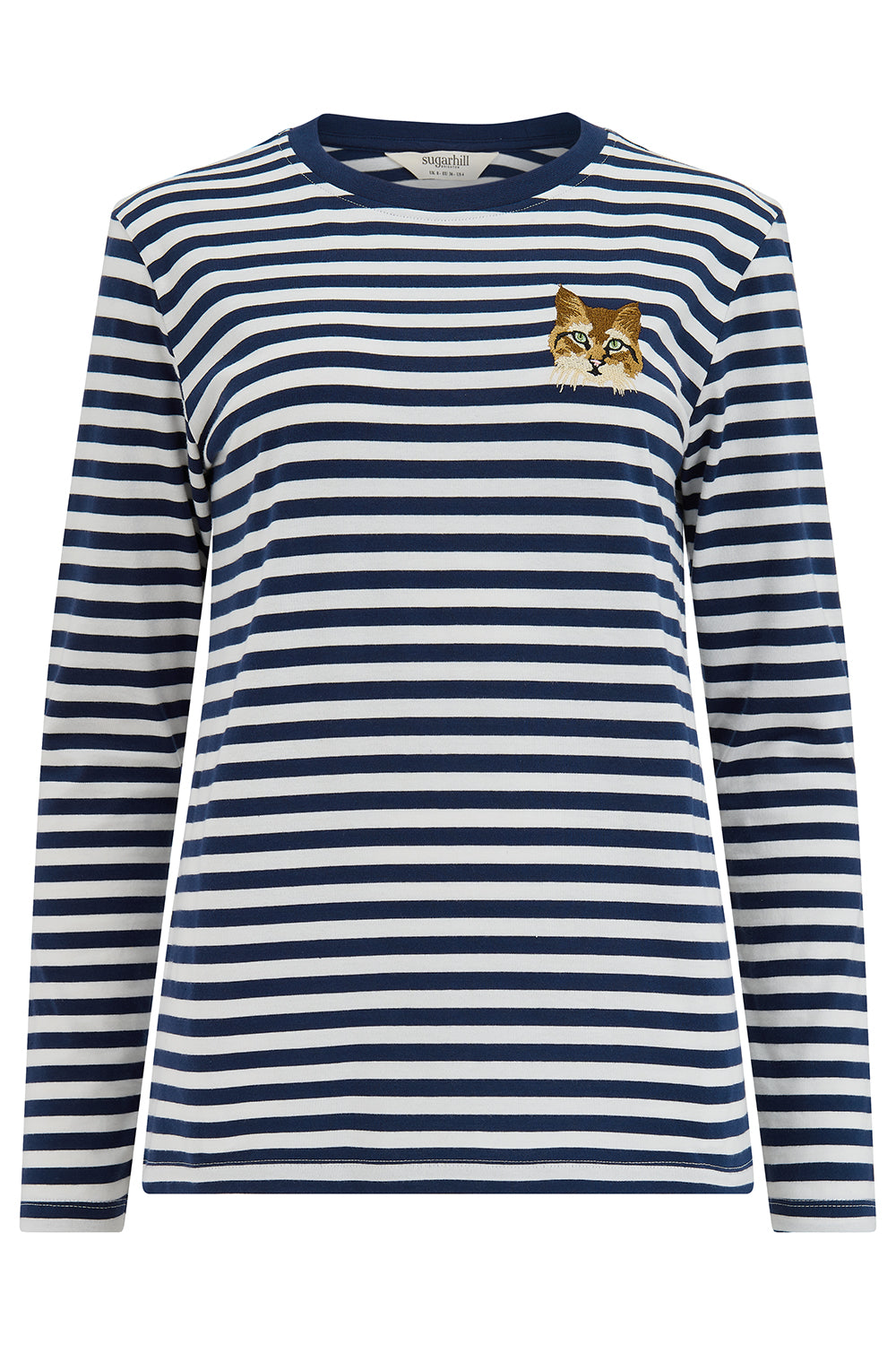 Navy and white striped long-sleeve shirt with a fox patch on a white background