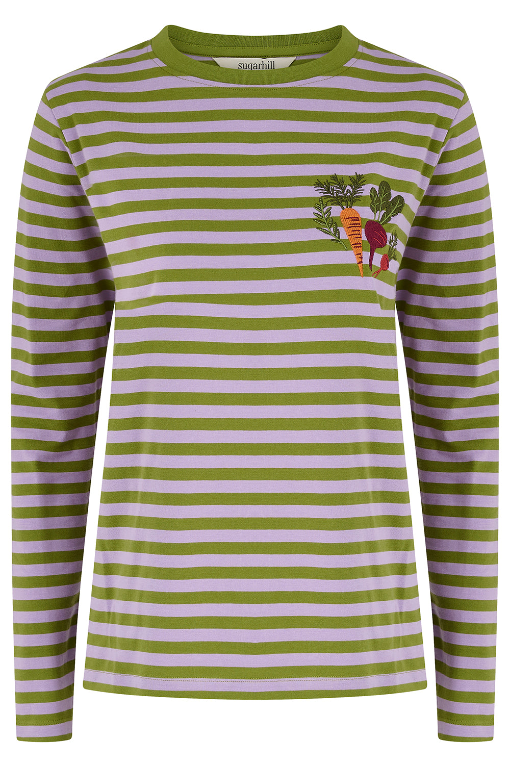 A long-sleeve crewneck shirt by the brand Nouill, featuring horizontal olive green and light lavender stripes with a small embroidered carrot-and-fox motif on the left chest.