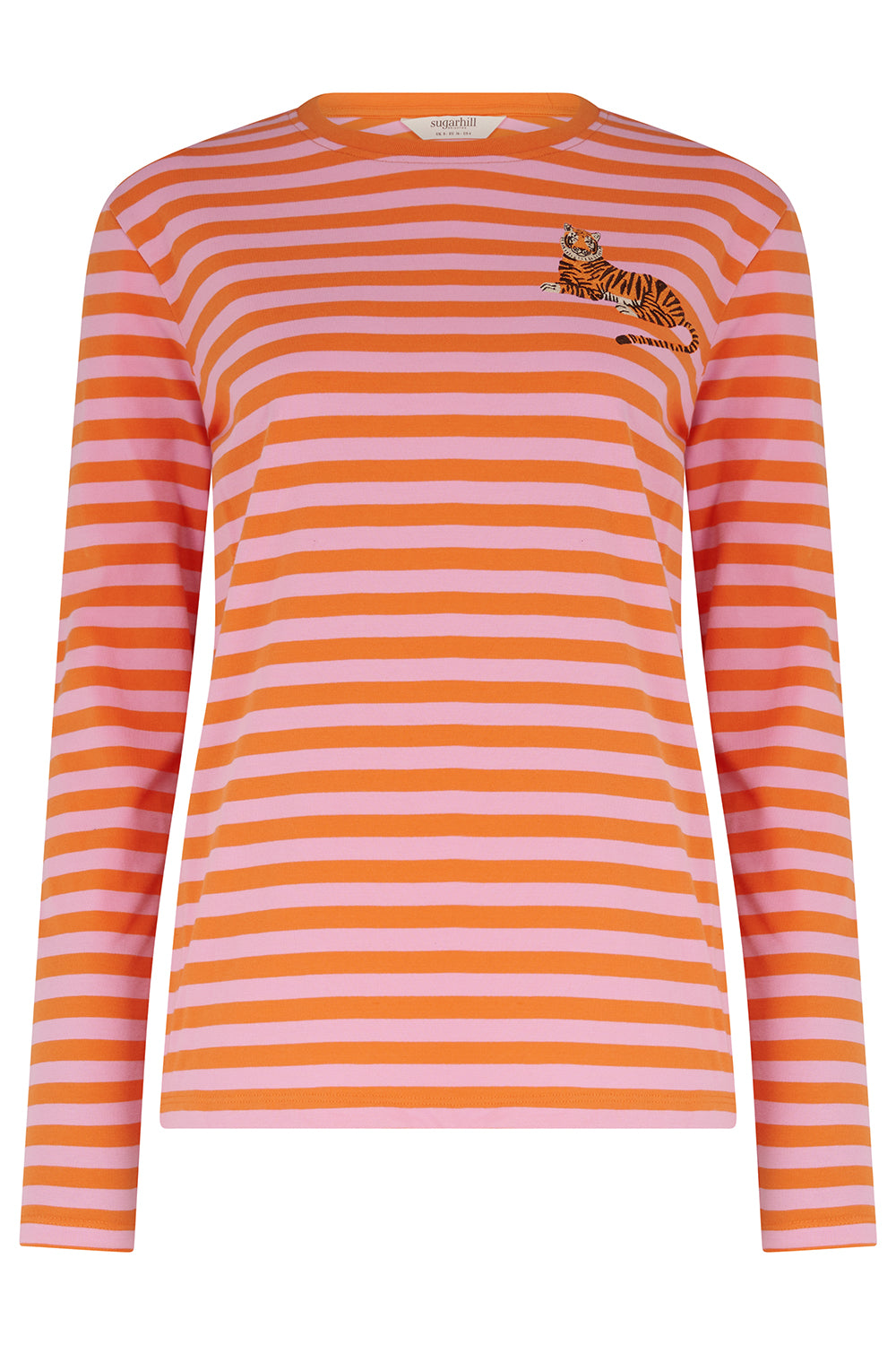 Orange and white striped long-sleeve shirt with a tiger logo on a white background