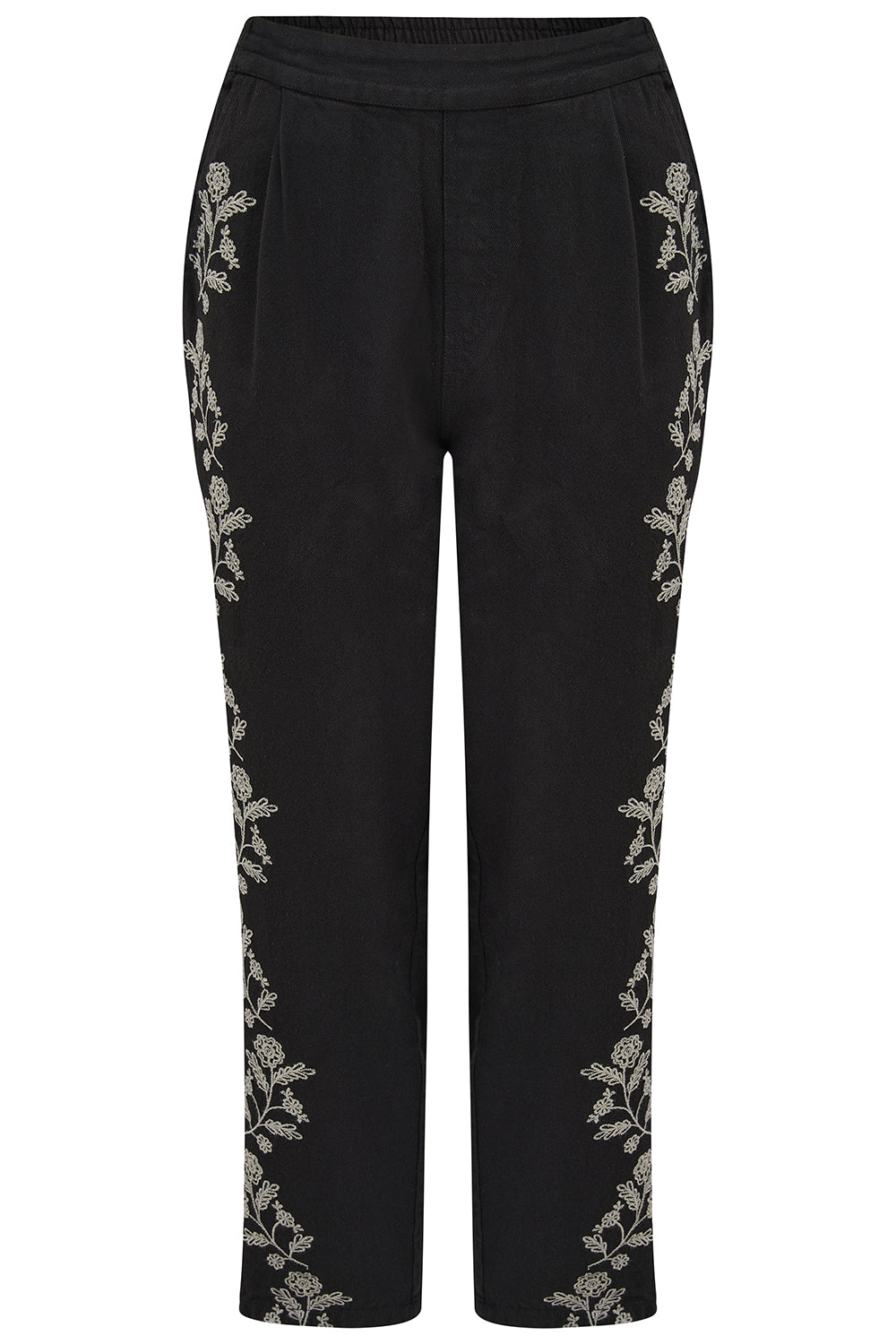 Black pants with floral embroidery on a white background