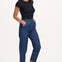 A model wearing the Calista Trousers in deep blue denim with a black top, showcasing the side and front pockets.